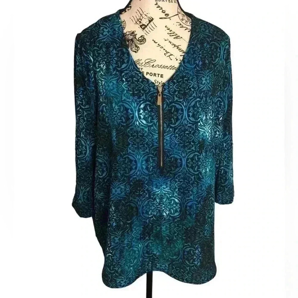 Valerie Stevens Womens Large Turquoise Blue and Black Blouse zip front - Picture 1 of 7